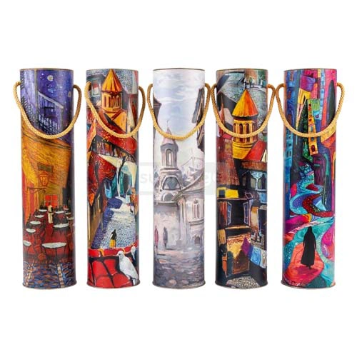 ღვინის ბოთლის სასაჩუქრე ყუთი ნახატით 9*38სმ 1*10ც